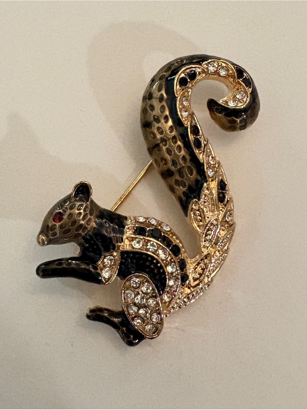 Sparkling Black and Gold Squirrel Brooch